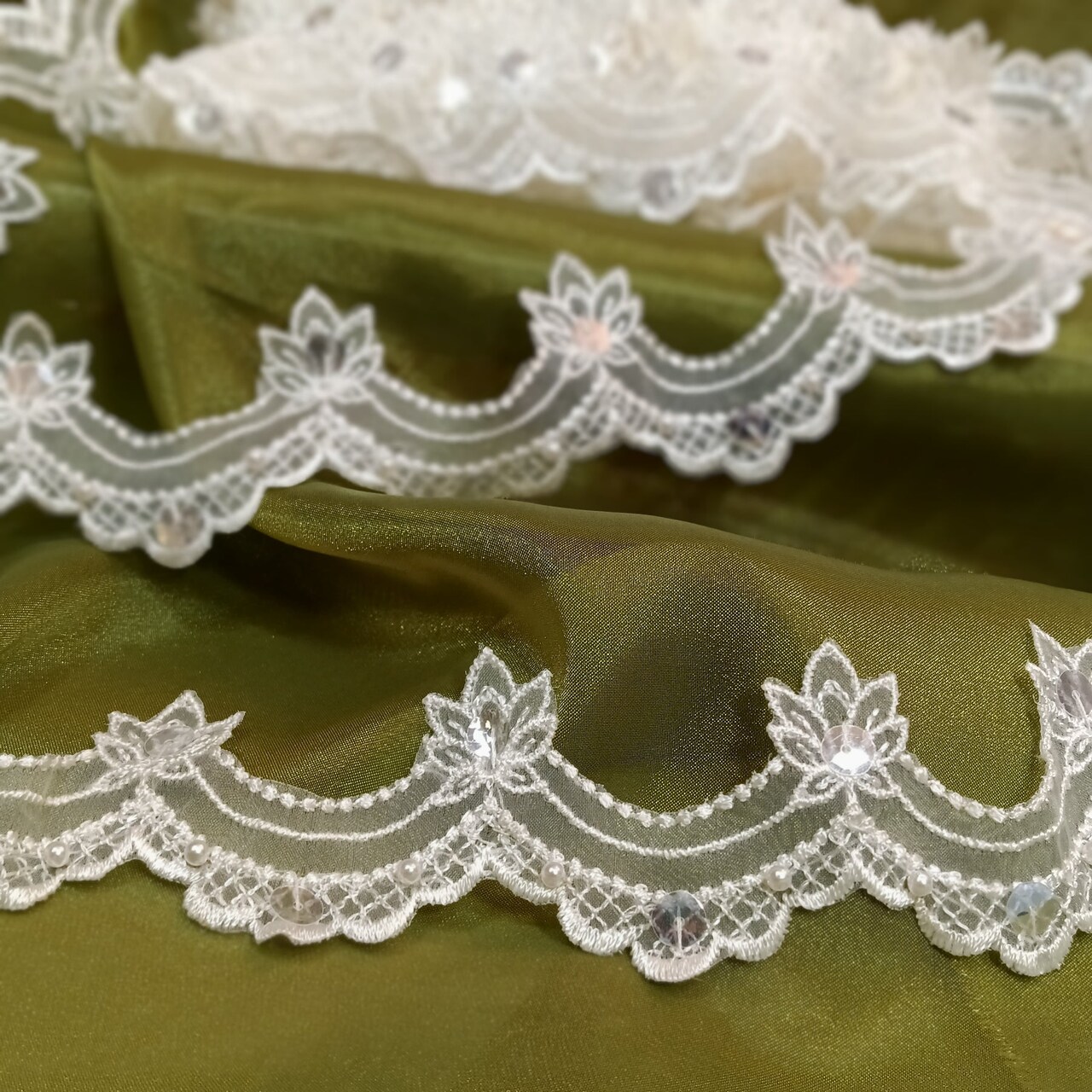 1 Yard Beaded Lace Trimming on Organza | 2.5" Wide | Elegant Embroidered Trim for Bridal, Evening & Dancewear